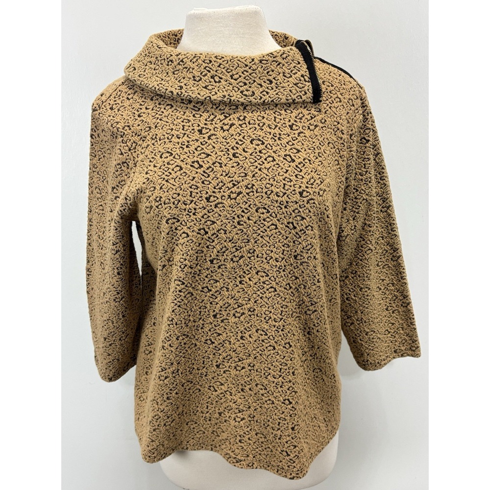 Chicos Pullover Top Sz 2 US Large Women's Brown Black Animal Print Zip Neck